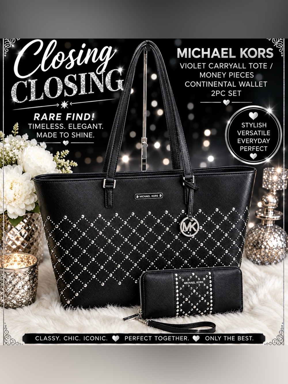 Michael Kors VIOLET Carryall Tote/MONEY PIECES Continental Wallet 2pc Set